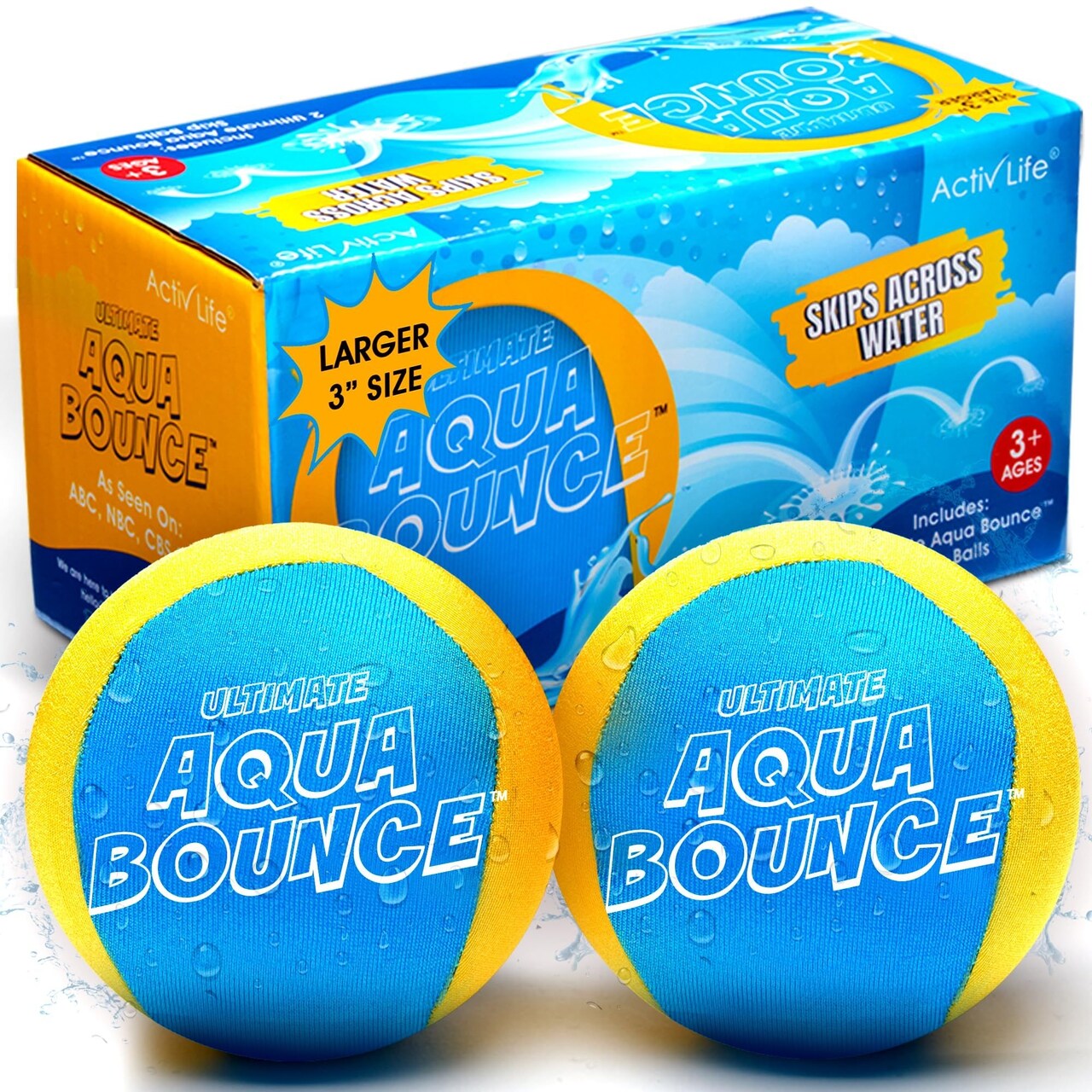 Activ Life Ultimate 2 Pack 3" Larger Water Skip Balls, Fun Swimming Pool & Beach Bouncing Toys for Kids, Teens, and Family, Great for Easter Gifts & Birthdays, Yellow/Cyan